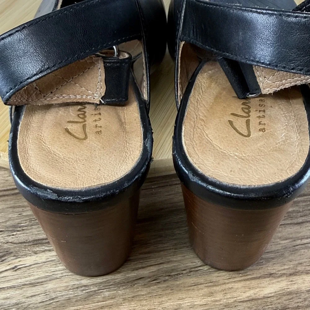 Clarks Briatta Key Artisan Slingback Sandals Women 11 Black Laser Cut Block Heel